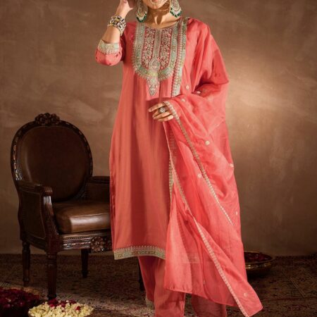 Rust Embroidered Straight Kurta Trouser With Dupatta Set