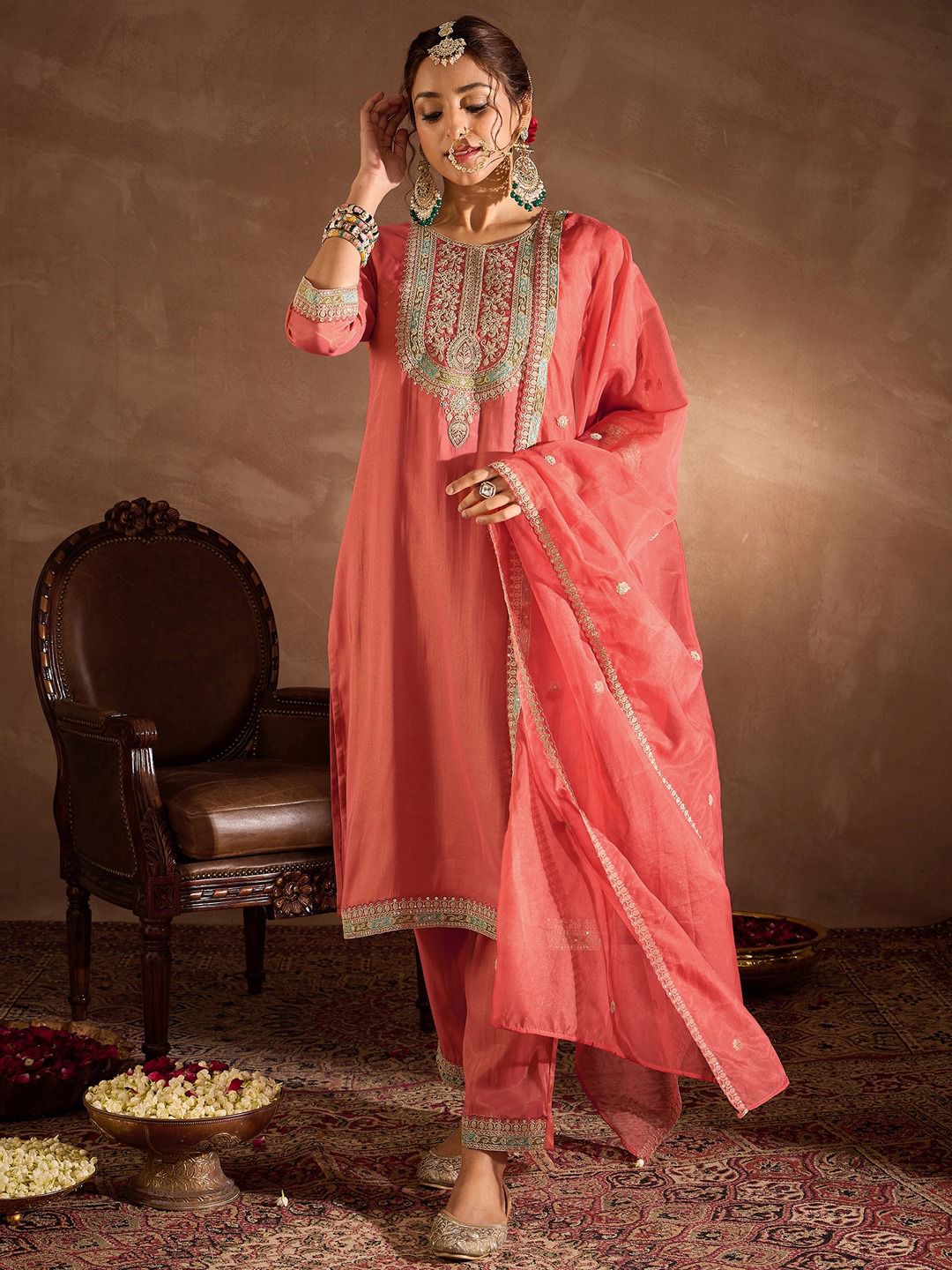 Rust Embroidered Straight Kurta Trouser With Dupatta Set