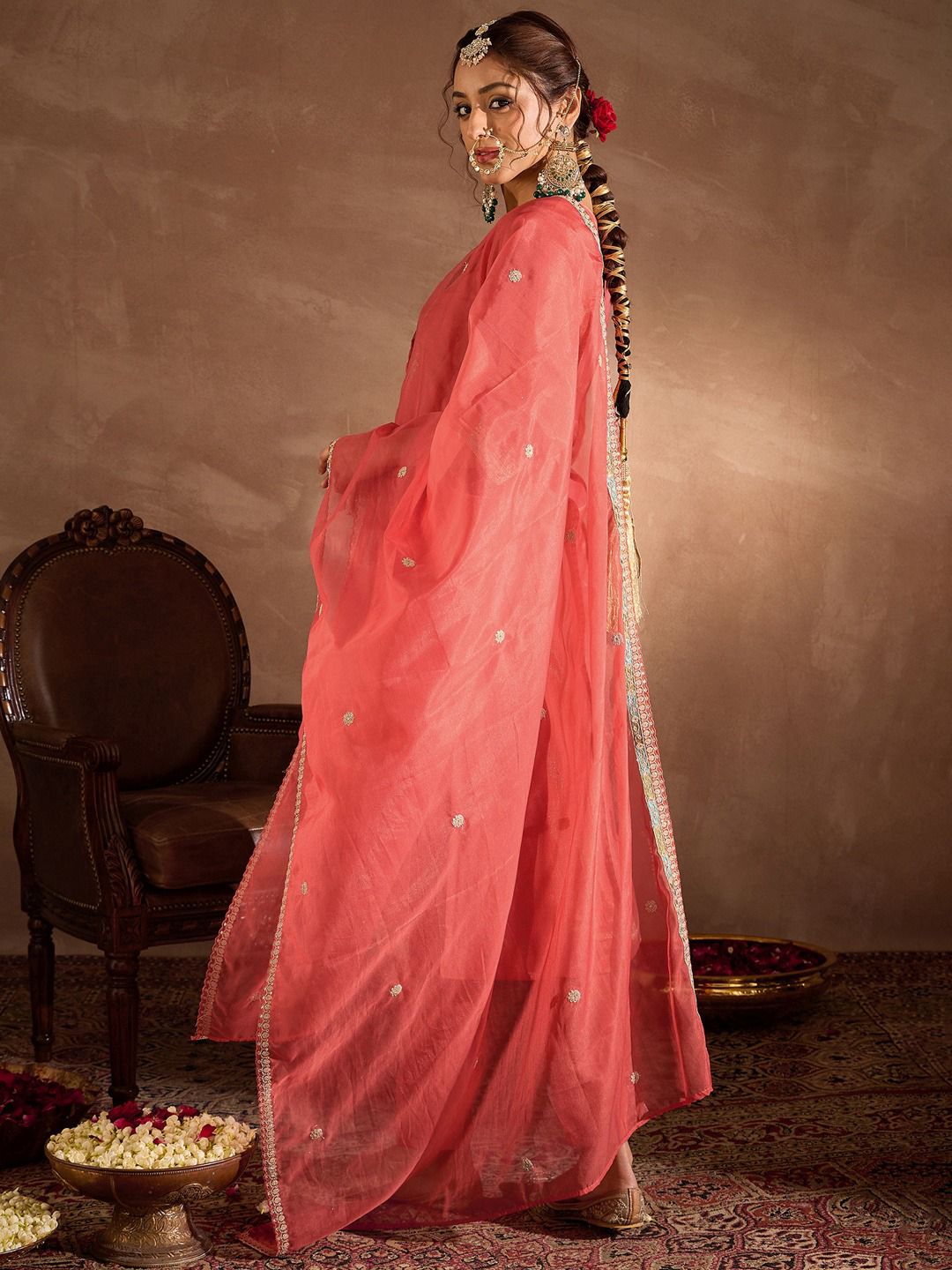 Rust Embroidered Straight Kurta Trouser With Dupatta Set