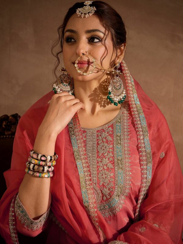 Rust Embroidered Straight Kurta Trouser With Dupatta Set