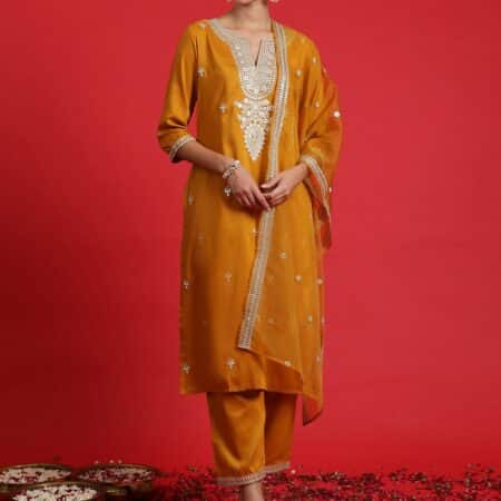 Floral Embroidered Regular Sequinned Kurta With Trouser & Dupatta