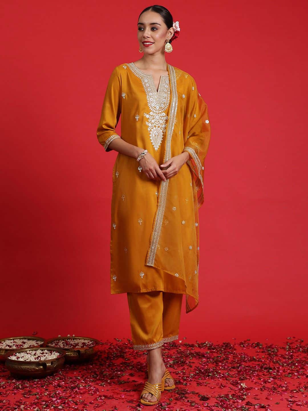 Floral Embroidered Regular Sequinned Kurta With Trouser & Dupatta