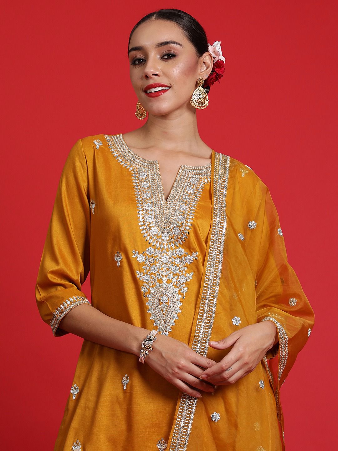 Floral Embroidered Regular Sequinned Kurta With Trouser & Dupatta