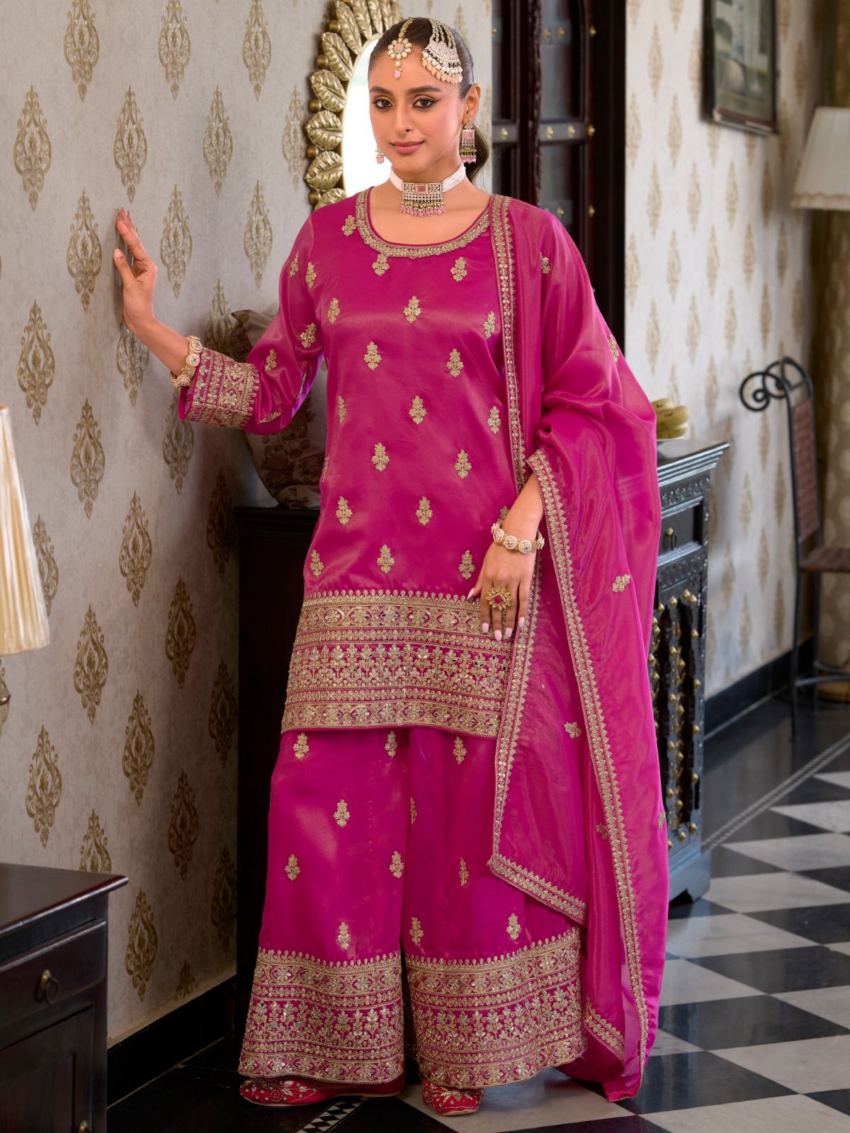 Leeza Fuchsia Pink Embroidered Sharara Suit