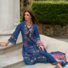 Floral Breeze by Leeza: Elegant Embroidered Blue Ensemble with Vibrant Floral Scarf