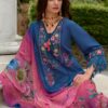 Floral Breeze by Leeza: Elegant Embroidered Blue Ensemble with Vibrant Floral Scarf