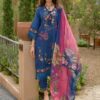 Floral Breeze by Leeza: Elegant Embroidered Blue Ensemble with Vibrant Floral Scarf