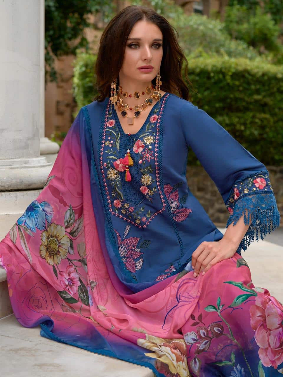 Floral Breeze by Leeza: Elegant Embroidered Blue Ensemble with Vibrant Floral Scarf