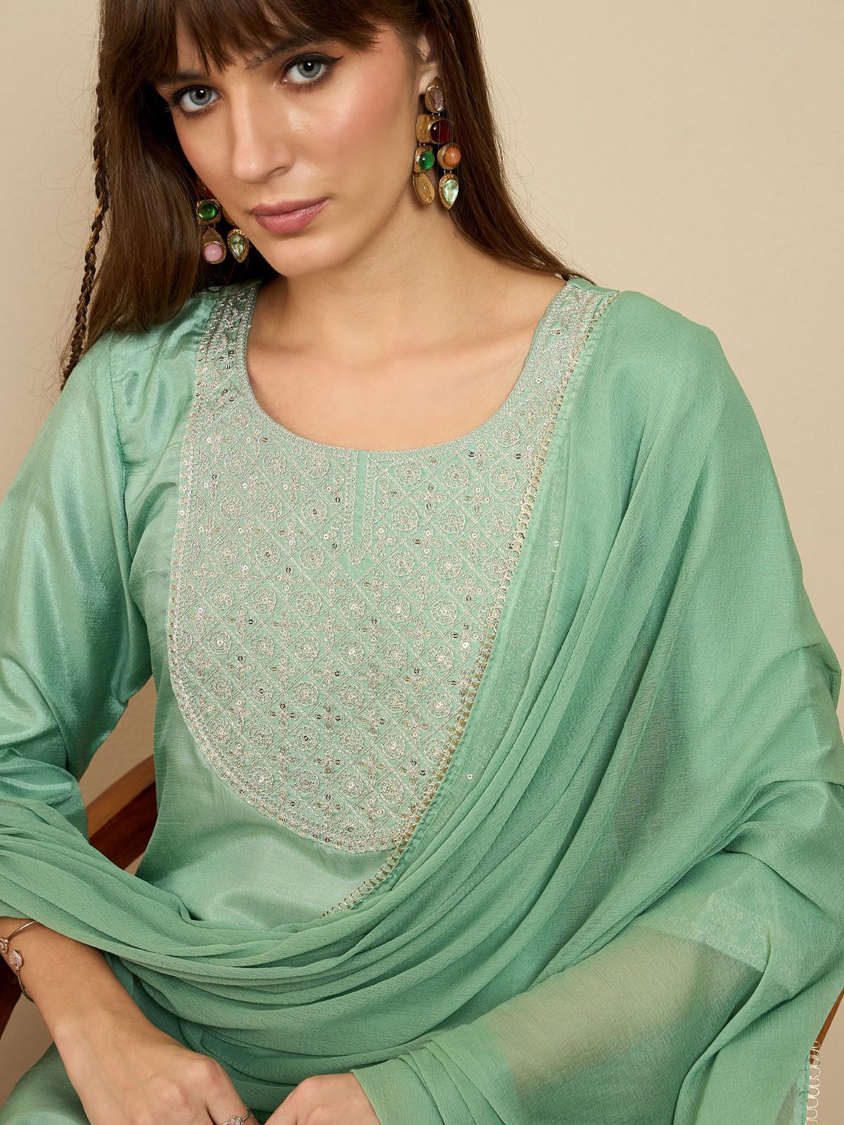 Leeza Sea Green Silk Blend Embroidered Kurta Trouser with Dupatta Set