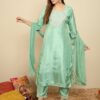 Leeza Sea Green Silk Blend Embroidered Kurta Trouser with Dupatta Set