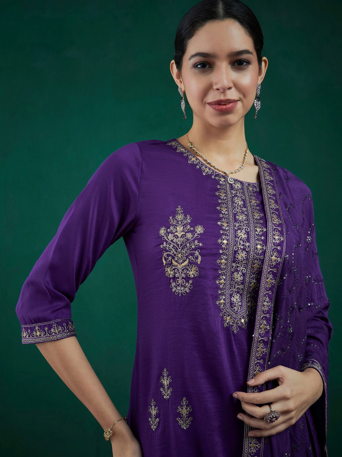 Leeza Purple Silk Blend Embroidered Kurta Trouser with Dupatta Set